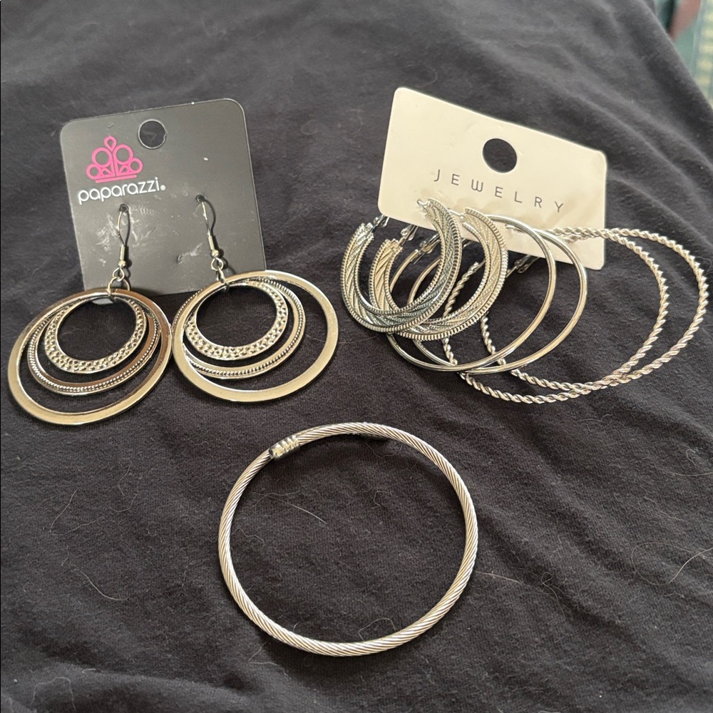 Paparazzi Silver Textured Hoop Earrings, twisty braclet and multiple hoops
